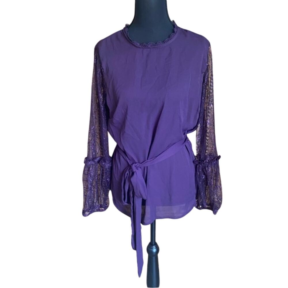 New York & Company Purple lace Bell Sleeve Blouse with Tie Front NWT large